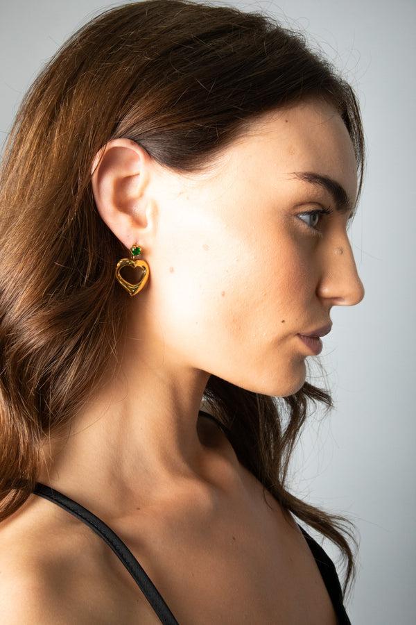 Svnx Heart Drop Earrings In Gold With Green Stone - Gift Boxed