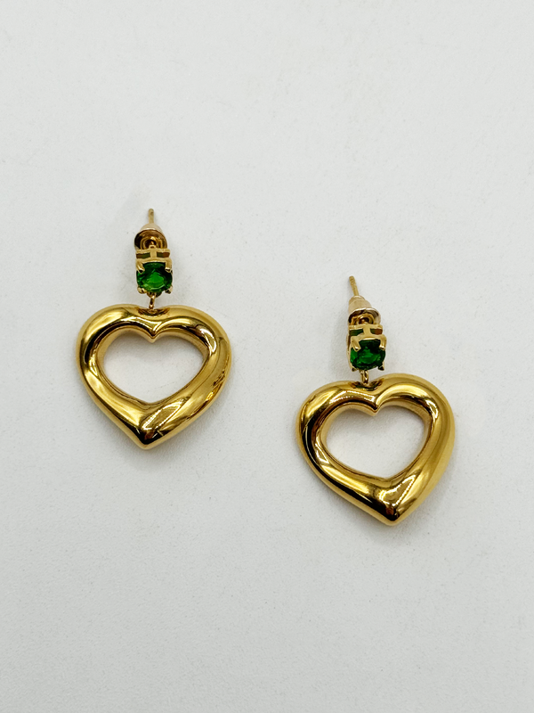 Svnx Heart Drop Earrings In Gold With Green Stone - Gift Boxed