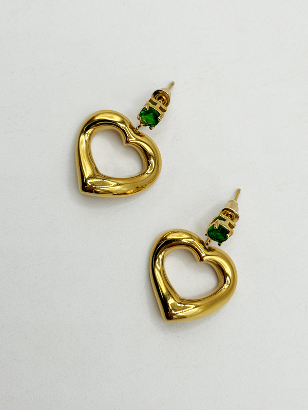 Svnx Heart Drop Earrings In Gold With Green Stone - Gift Boxed