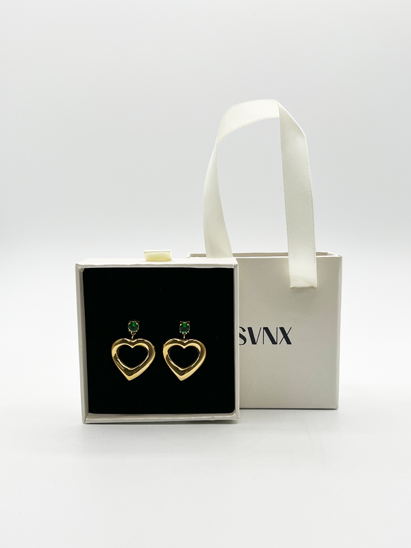 svnx Heart Drop Earrings in Gold with Green Stone - Gift Boxed