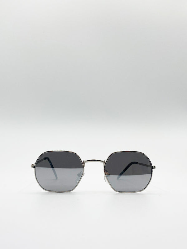 Svnx Hexagon Metal Frame Sunglasses With Mirror Lenses In Silver