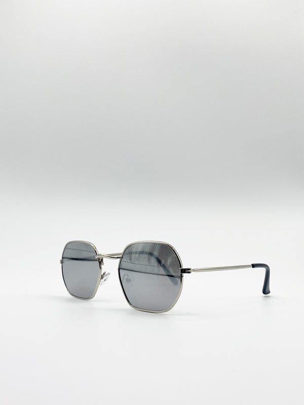 Svnx Hexagon Metal Frame Sunglasses With Mirror Lenses In Silver