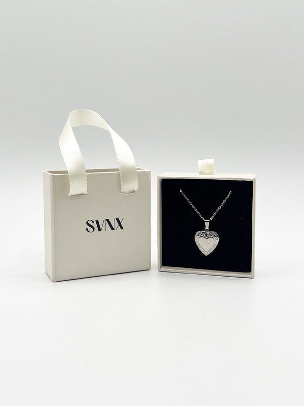 svnx Large Heart Pendant Locket Necklace in Silver - Gift Boxed
