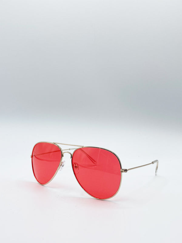 Svnx Metal Frame Aviator Sunglasses With Red Lenses
