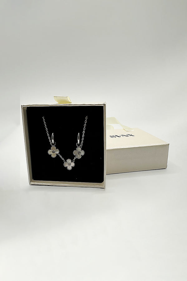 Svnx Mini Clover Necklace & Hoop Earrings In Silver With Gift Box