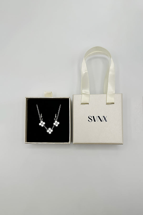 svnx Mini Clover Necklace & Hoop Earrings in Silver with Gift Box