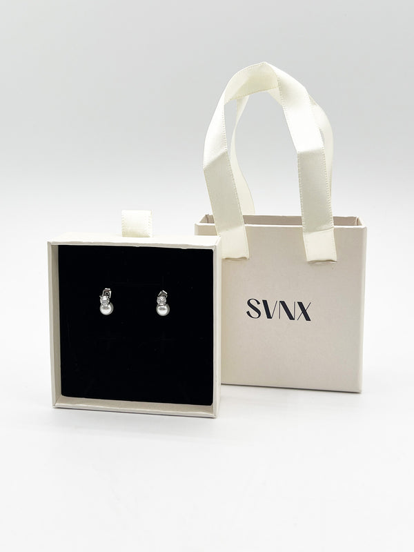 Svnx Mini Pearl Diamante Earrings In Silver - Gift Boxed
