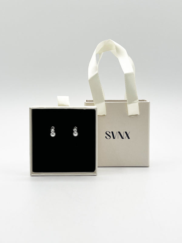 svnx Mini Pearl Diamante Earrings in Silver - Gift Boxed