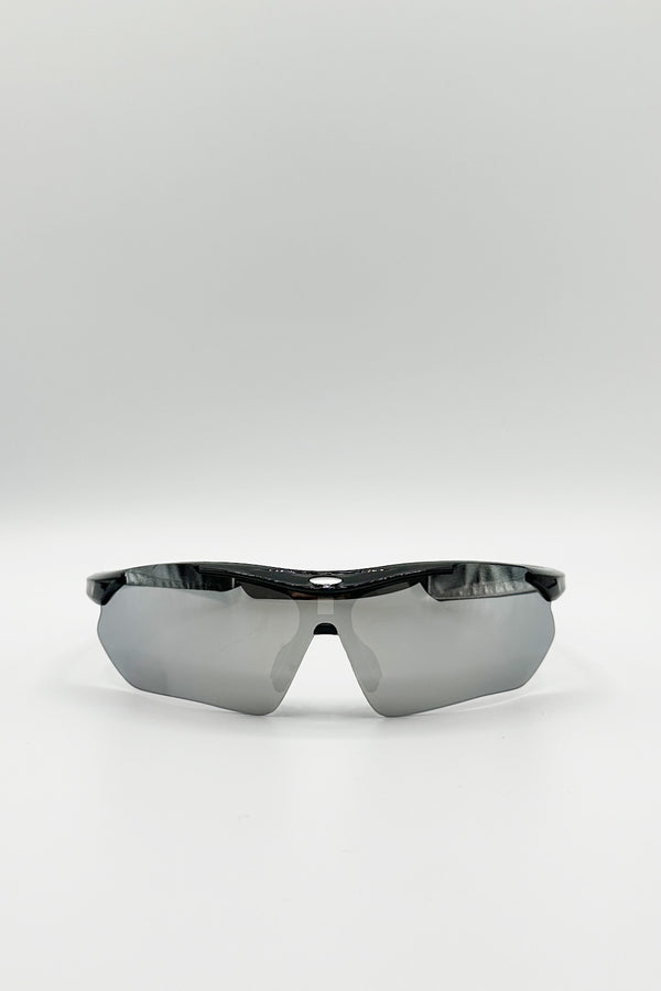 Svnx Outdoor Sports Racer Sunglasses In Black Silver Mirror With Case