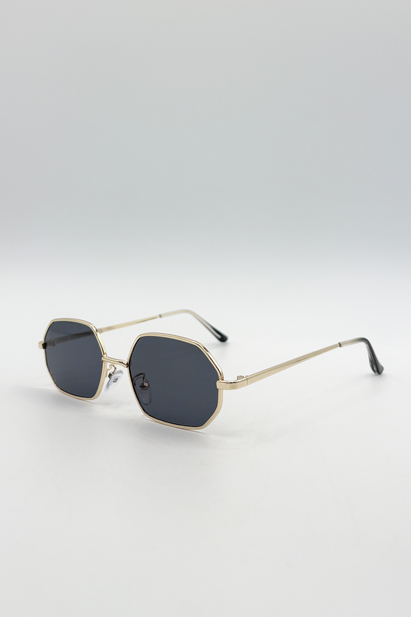 Svnx Oval Geometric Metal Frame Sunglasses Black Gold