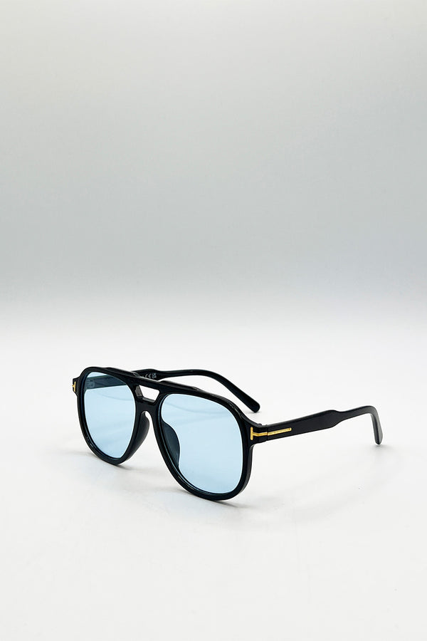 Svnx Oversized Navigator Sunglasses In Black With Blue Lenses