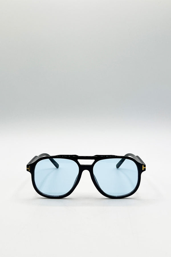 svnx Oversized Navigator Sunglasses in Black with Blue Lenses