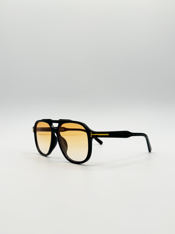 Svnx Oversized Navigator Sunglasses In Black With Orange Lenses