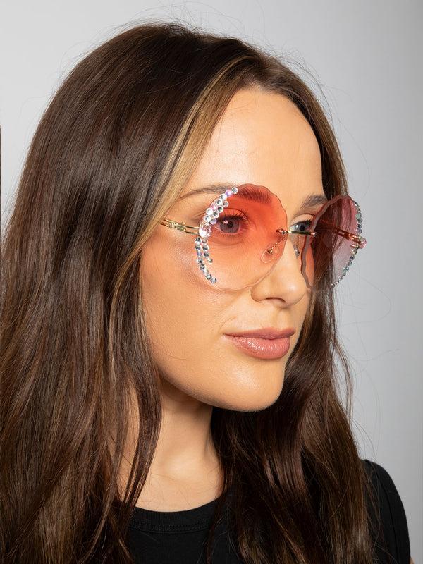 Svnx Oversized Round Frameless Sunglasses With Crystal Detail In Pink
