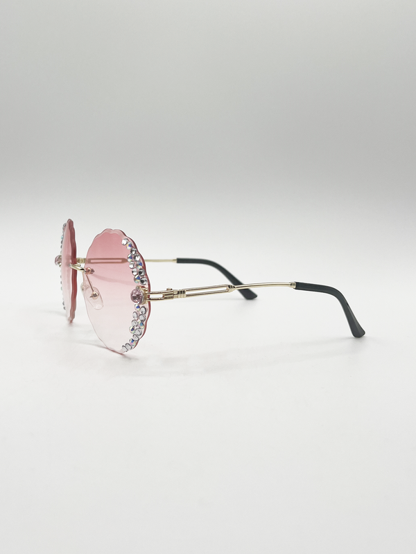 Svnx Oversized Round Frameless Sunglasses With Crystal Detail In Pink