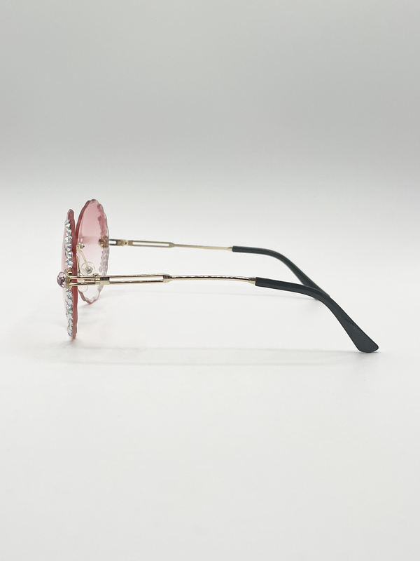 Svnx Oversized Round Frameless Sunglasses With Crystal Detail In Pink