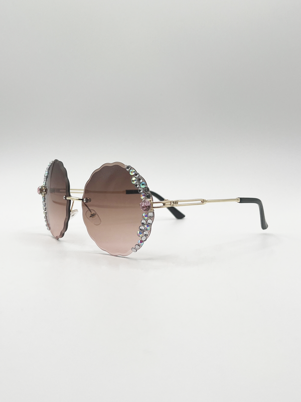 Svnx Oversized Round Frameless Sunglasses With Crystal Detail In Brown