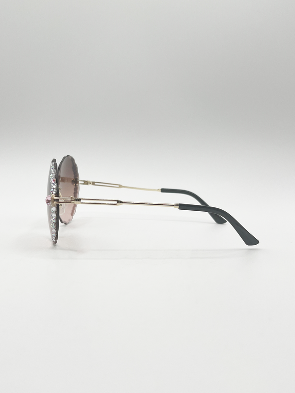 Svnx Oversized Round Frameless Sunglasses With Crystal Detail In Brown