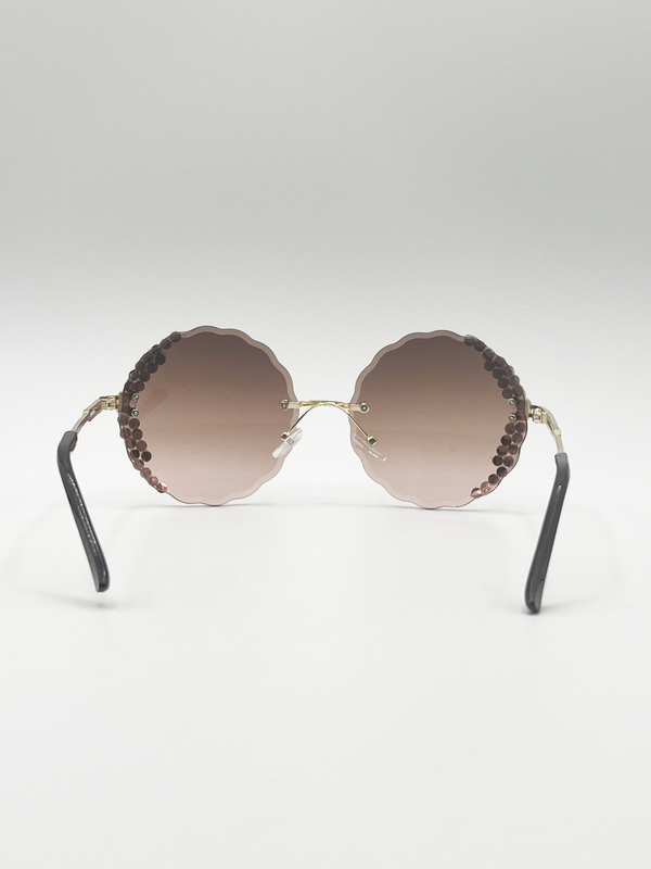 Svnx Oversized Round Frameless Sunglasses With Crystal Detail In Brown