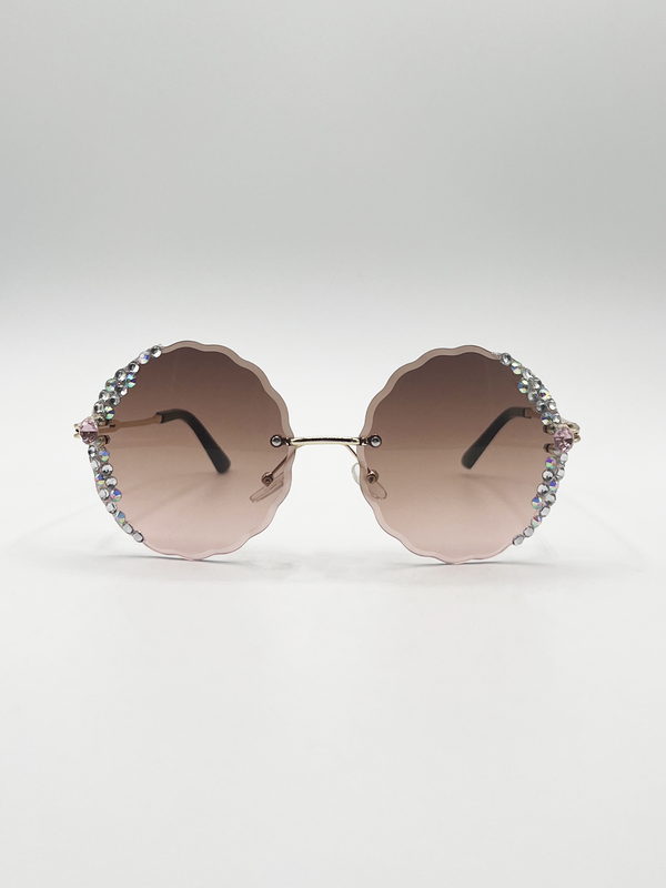 svnx Oversized Round Frameless Sunglasses with Crystal Detail in Brown