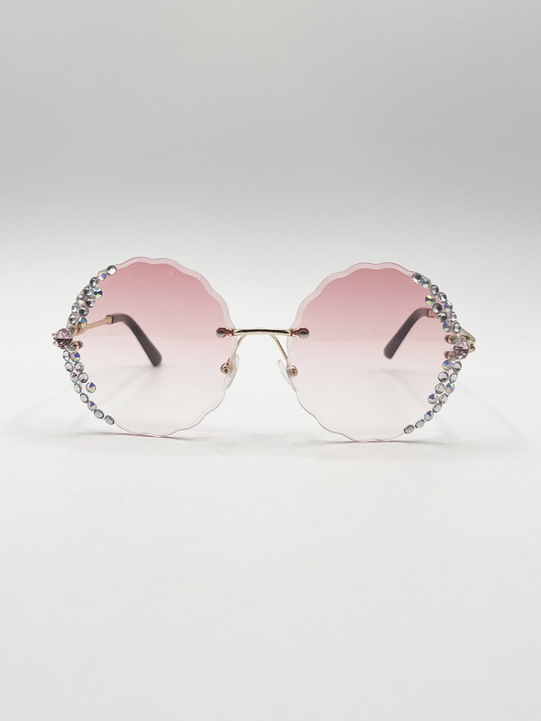 svnx Oversized Round Frameless Sunglasses with Crystal Detail in Pink