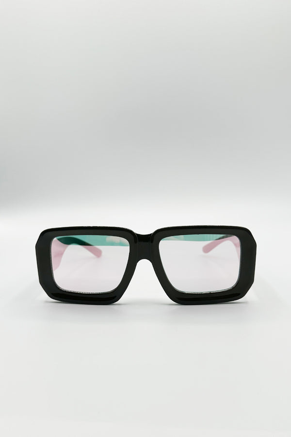 Svnx Oversized Square Frame Sunglasses In Mud Grey With Pink Mirror Lenses