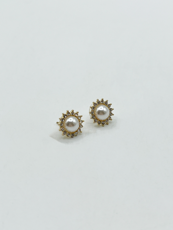 Svnx Pearl Button Stud Earrings With Diamantes - Gift Boxed