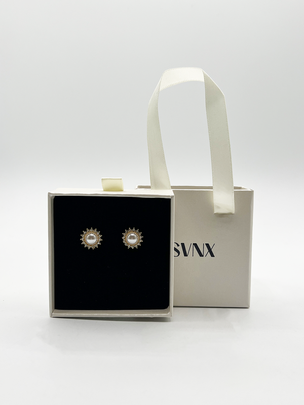 svnx Pearl Button Stud Earrings with Diamantes - Gift Boxed