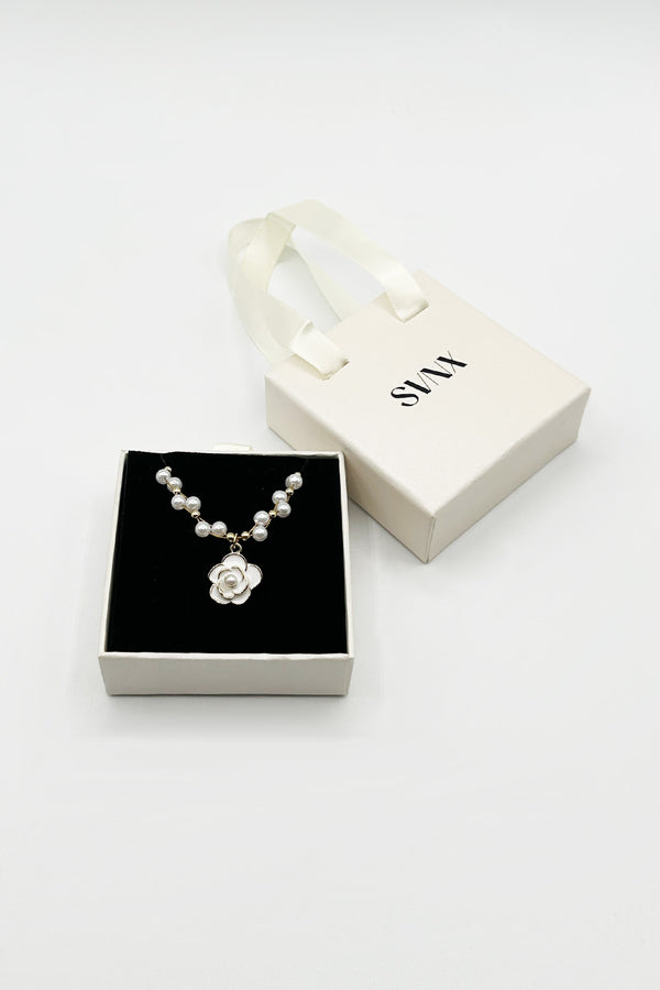 Svnx Pearl Chain Necklace With Camellia Pendant - Gift Boxed
