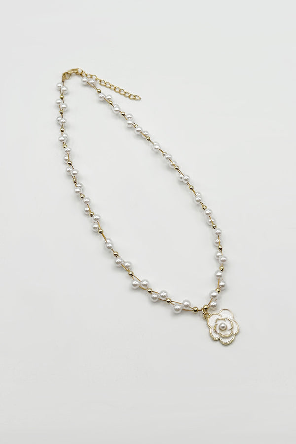 Svnx Pearl Chain Necklace With Camellia Pendant - Gift Boxed