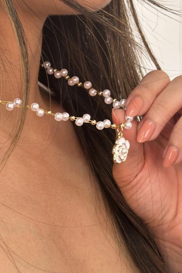 svnx Pearl Chain Necklace with Camellia Pendant - Gift Boxed