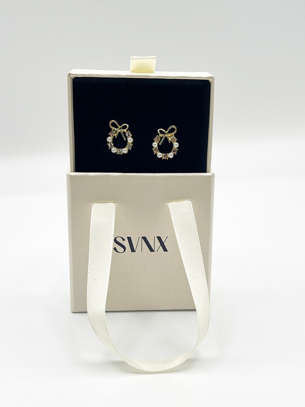 Svnx Pearl & Diamante Bow Wreath Stud Earrings - Gift Boxed
