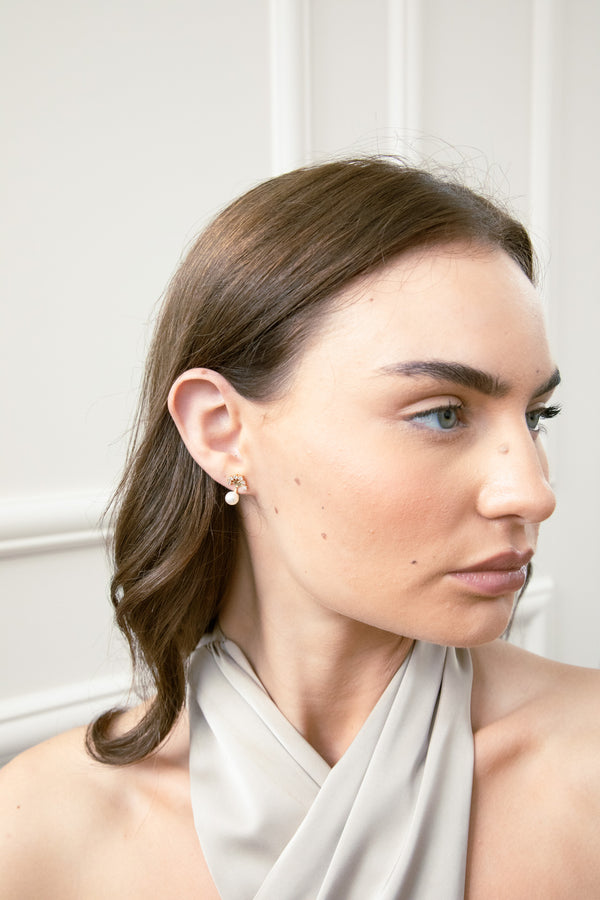 Svnx Pearl Stud Earring With Diamante Tree In Gold - Gift Boxed