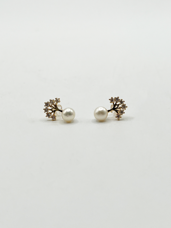 Svnx Pearl Stud Earring With Diamante Tree In Gold - Gift Boxed