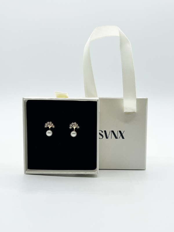 svnx Pearl Stud Earring with Diamante Tree in Gold - Gift Boxed
