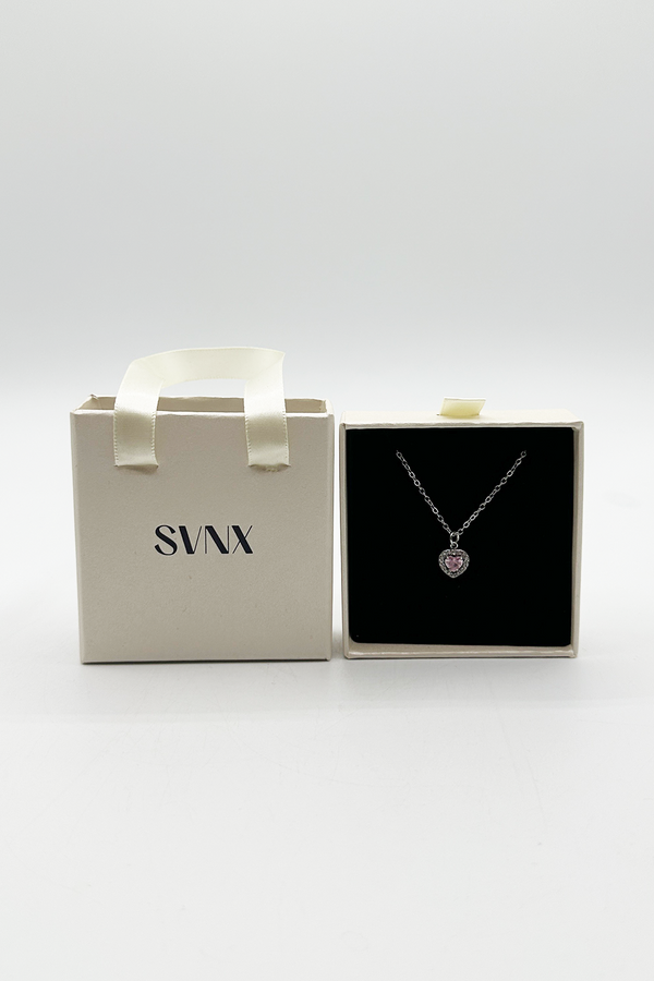 Svnx Pink Crystal Heart Pendant Necklace In Silver - Gift Boxed