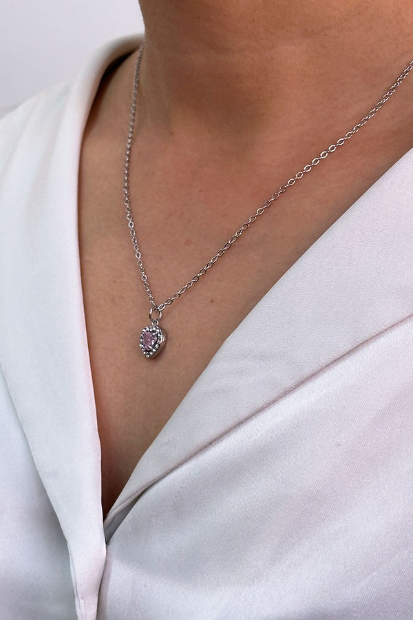 Svnx Pink Crystal Heart Pendant Necklace In Silver - Gift Boxed