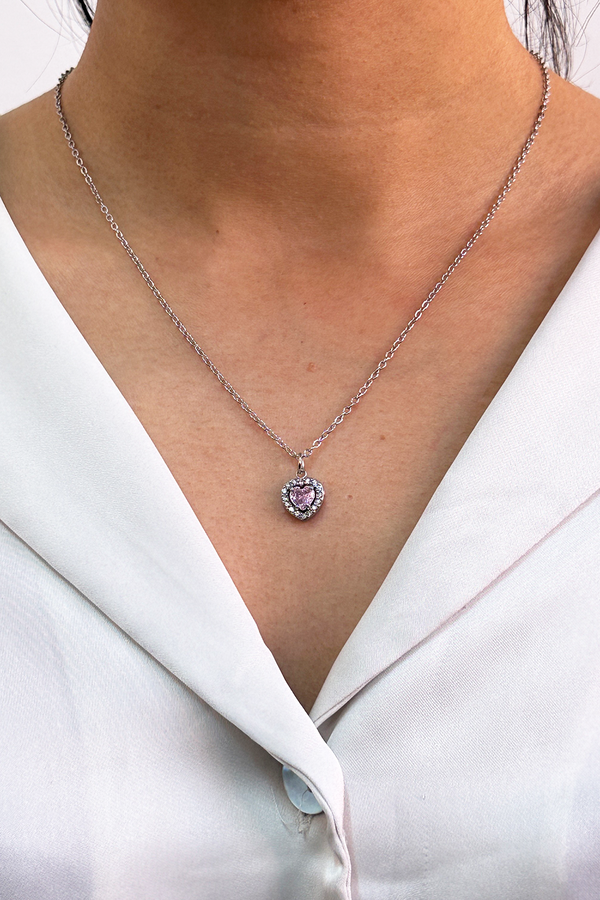 svnx Pink Crystal Heart Pendant Necklace in Silver - Gift Boxed