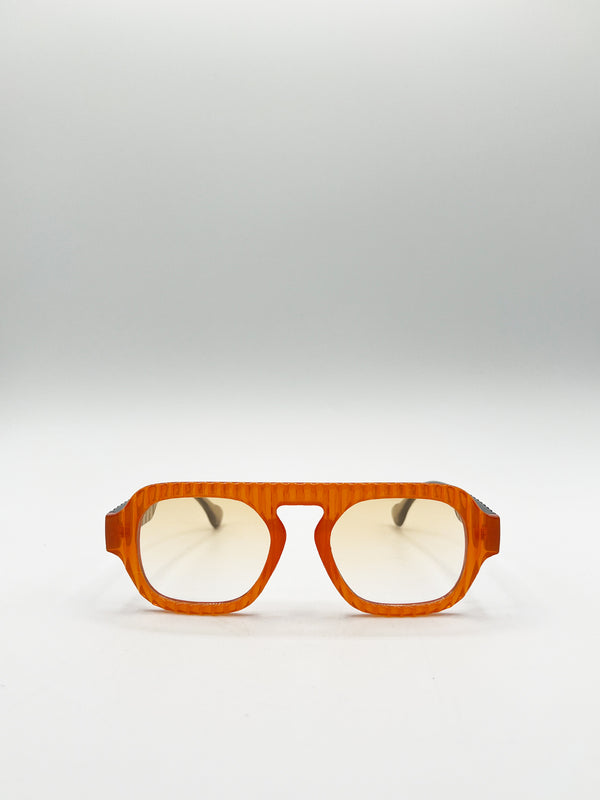 Svnx Retro Ribbed Navigator Sunglasses In Orange Grey