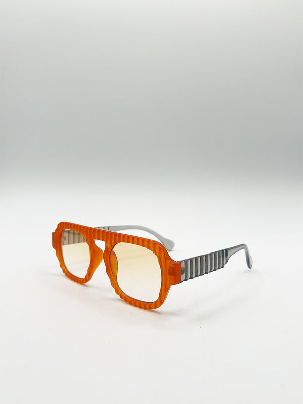 Svnx Retro Ribbed Navigator Sunglasses In Orange Grey