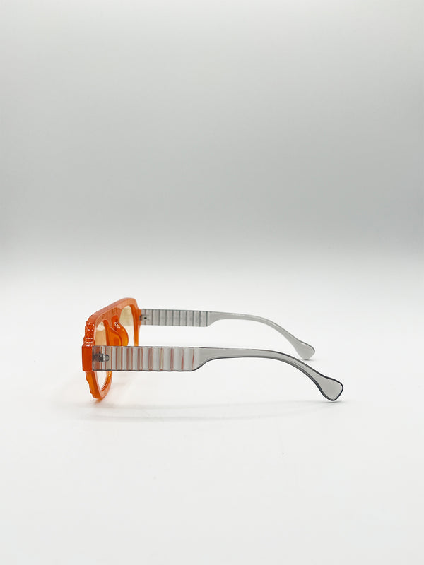 Svnx Retro Ribbed Navigator Sunglasses In Orange Grey