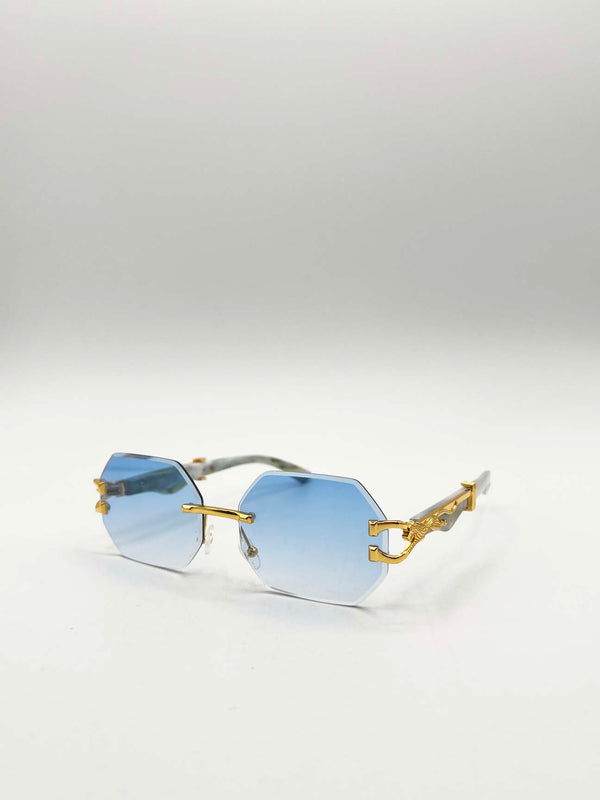 Svnx Rimless Oval Geometric Sunglasses In Gold Blue