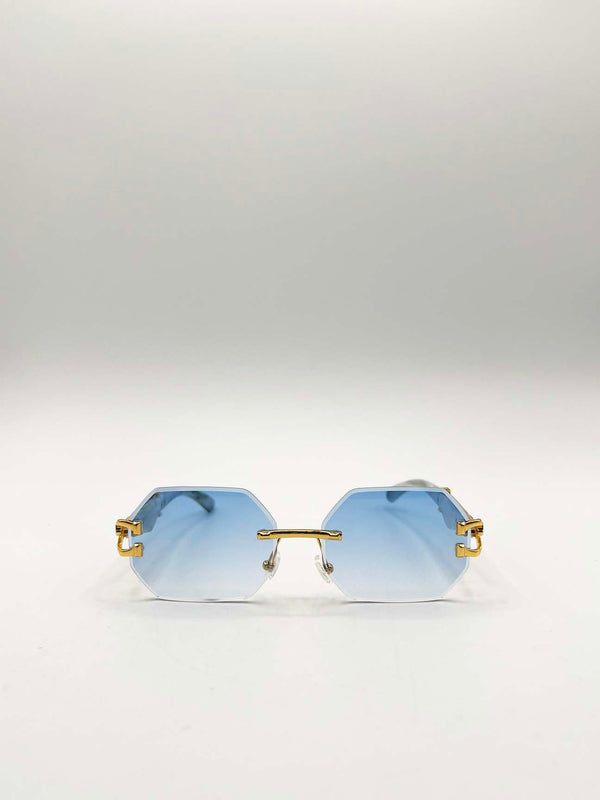 svnx Rimless Oval Geometric Sunglasses in Gold Blue
