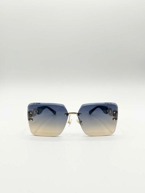 svnx Rimless Oversized Square Sunglassses in Navy Gold