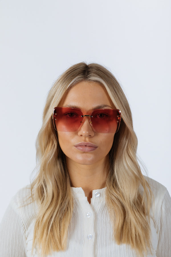 svnx Rimless Oversized Square Sunglassses in Red Gold