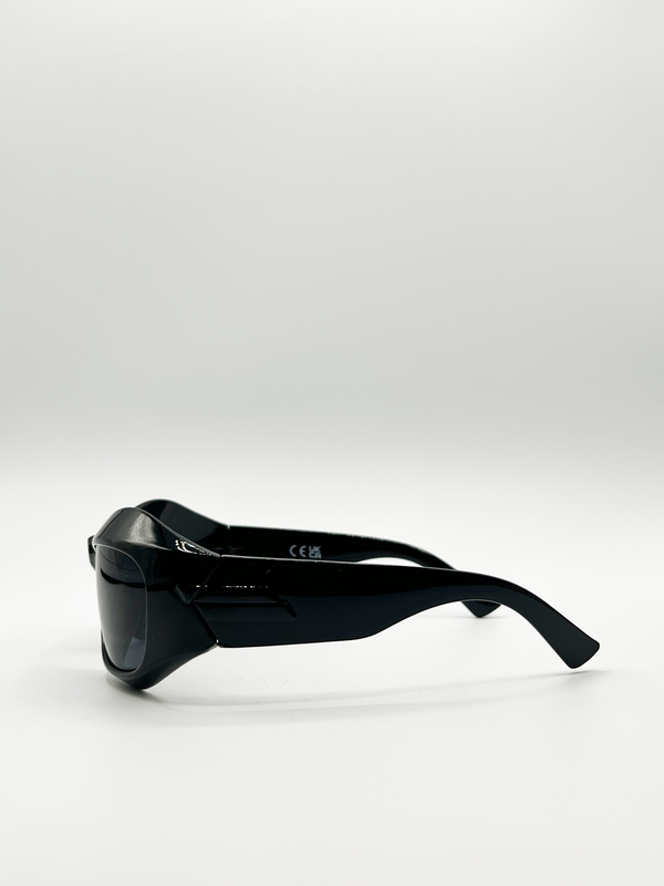 Svnx Shiny Black Exaggerated Brow Sunglasses With Black Lenses