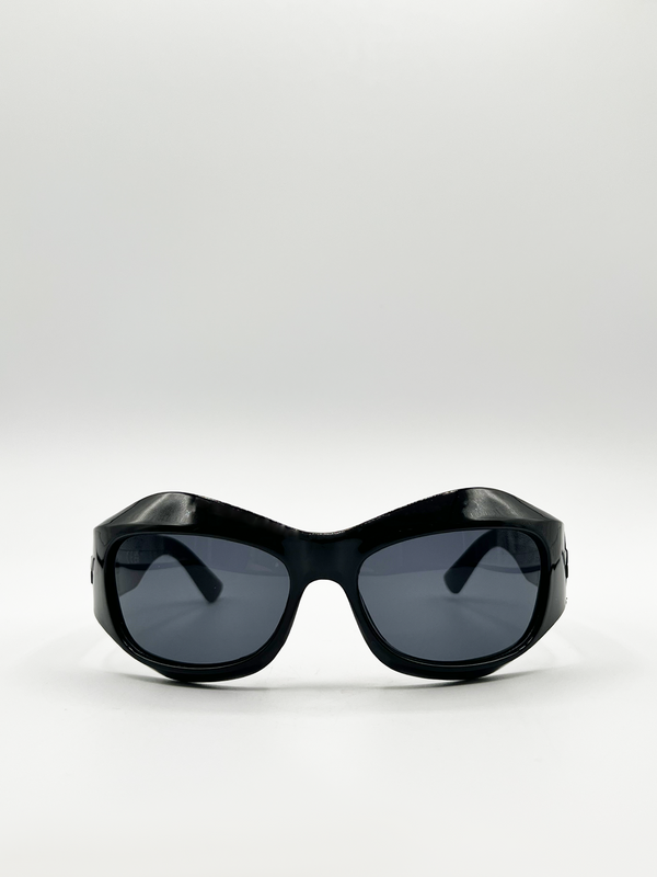 svnx Shiny black exaggerated brow sunglasses with black lenses
