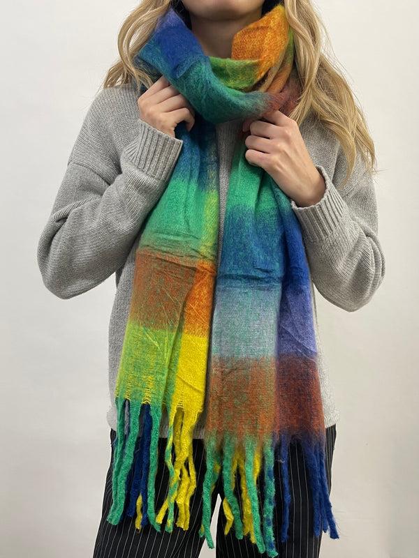 Svnx Soft Chunky Checked Scarf With Tassels In Blue Multi