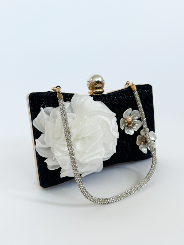 Svnx Square Clutch Bag With 3D Florals And Rhinestone Handle In Black