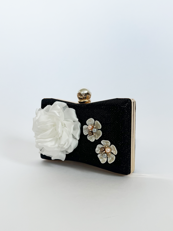 Svnx Square Clutch Bag With 3D Florals And Rhinestone Handle In Black